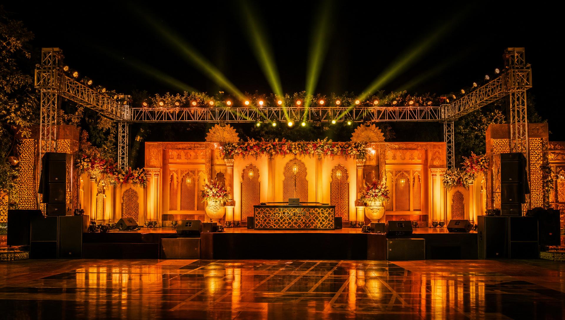 Professional sound system setup at an Indian wedding event